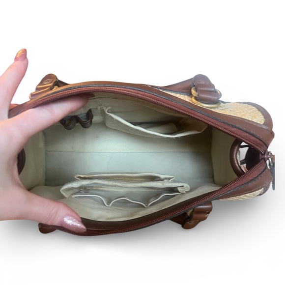 Vintage Woven Straw & Brown Leather Satchel Handbag | Summer Top Handle Purse - Picture 4 of 7